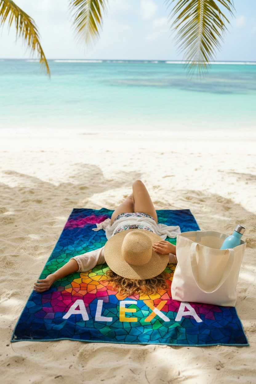 Serviette plage avec sac et bouteille